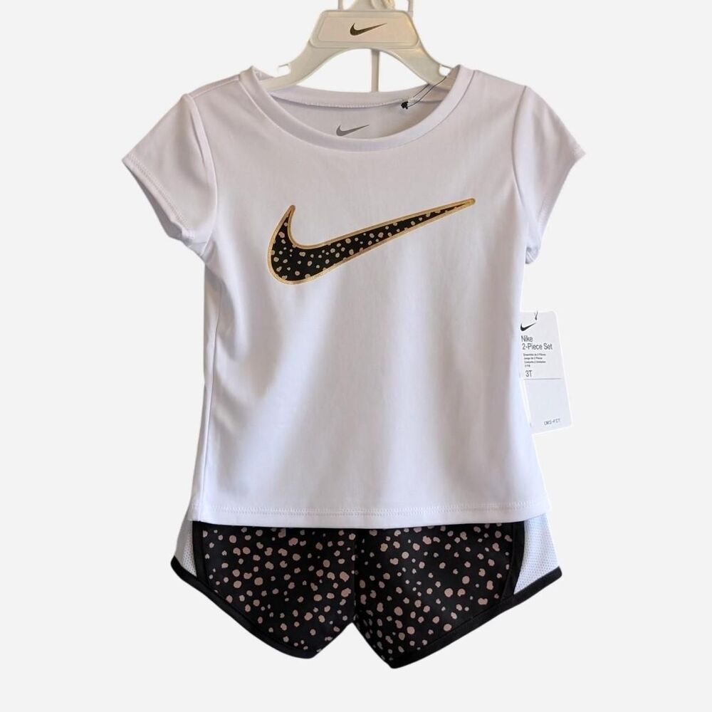 Nike Dri-Fit Girl's Size 3T Black White Gold Polka Dot Athletic 2-Piece Set